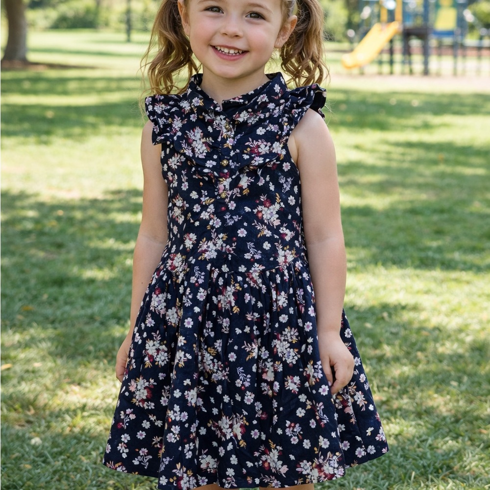 Janie and Jack Navy Floral Ruffle Dress with Pink & Cream Blooms Size 7